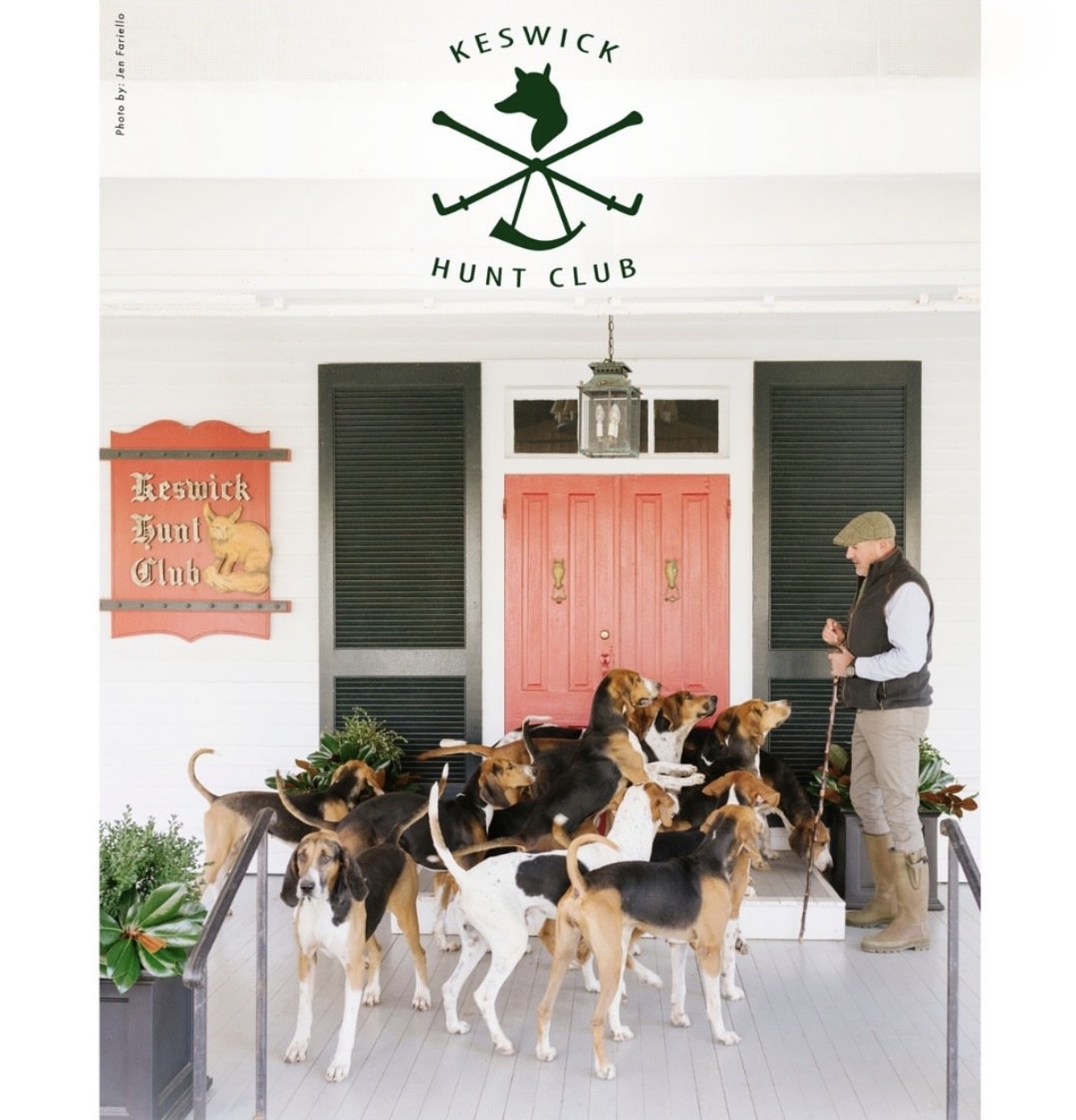 Hounds gathered on the porch of Keswick Hunt Club